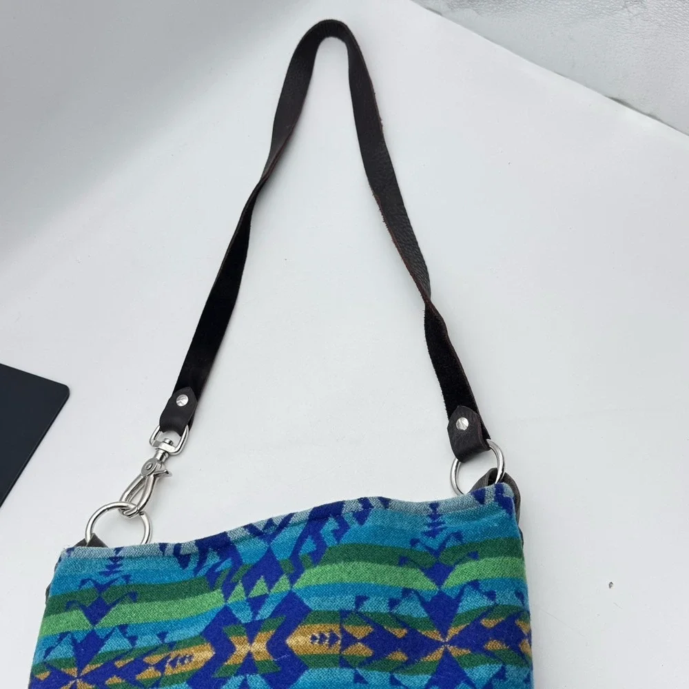 Custom Pendleton Upcycled Leather & Wool Nan-Made Pecos Hobo Crossbody Tote‎ Bag